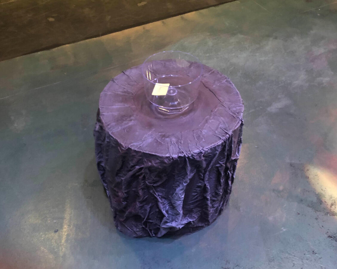 Created stump with wood frame, paper-mache cloth ‘bark’ and acrylic paint. With clear coat finish