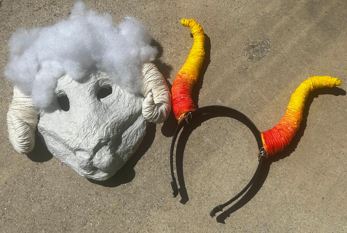 cosplay headpieces (paper-mache, twine, acrylic paint, wire, mod podge)